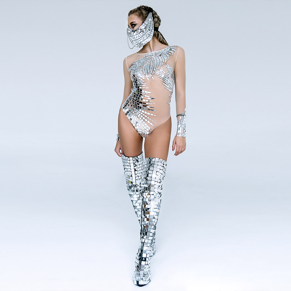 Sequin Bodysuit silver mirror dance suit on transparent fabric/ hot cheeky  sparkly npc bodysuit, trendy bodysuit _M78-1