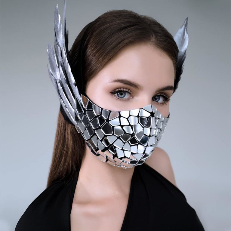 Silver Mirror Face Mask with Real Feathers by _M112