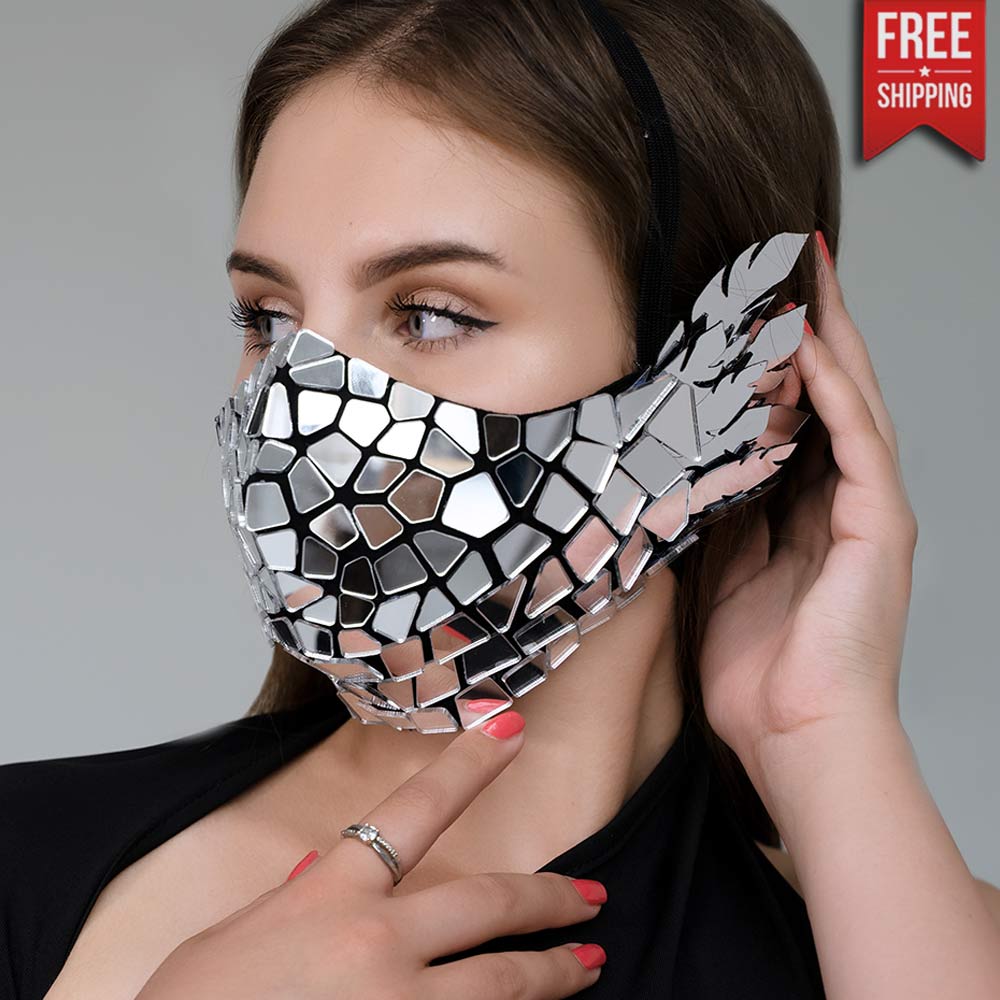 Silver Face Mask with Mirror Feathers by ETERESHOP