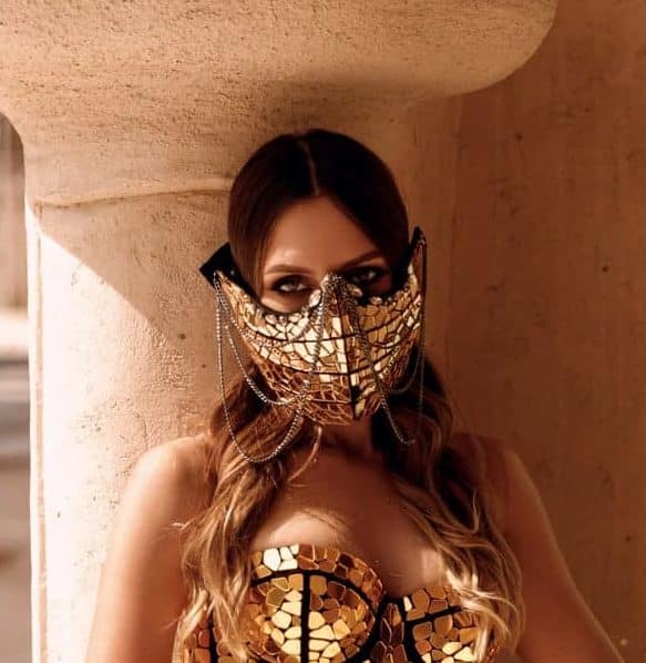 Festival wear gold disco ball glitter sparkly mirror mask with chains