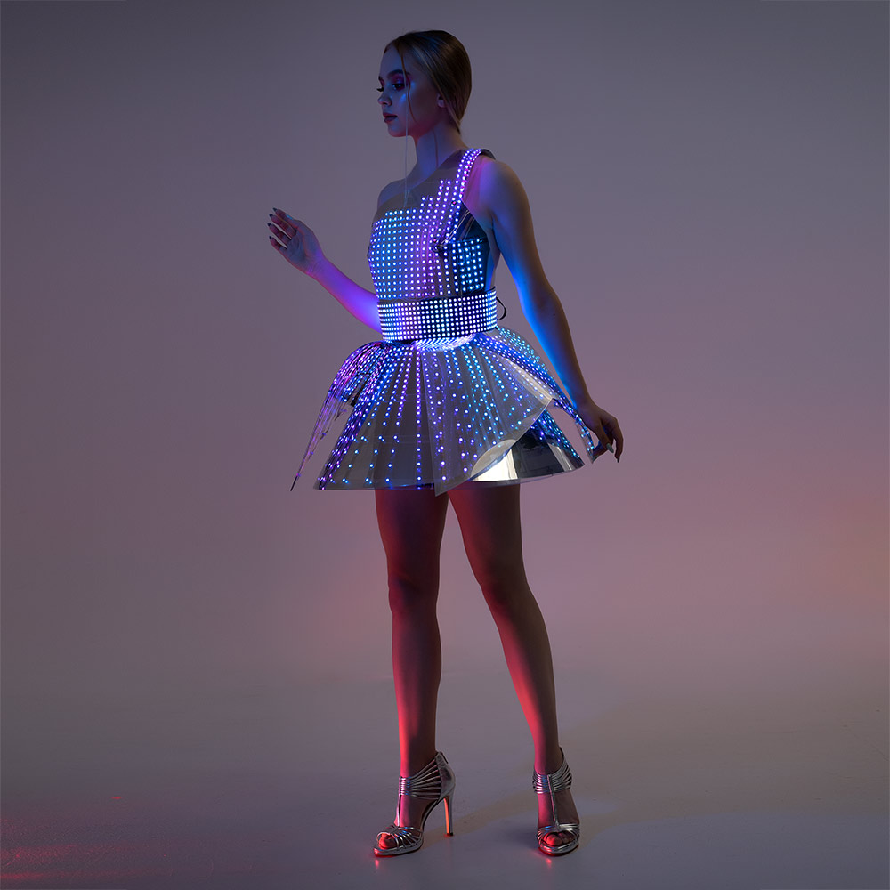 One Shoulder Pixel Dress with Mirrored Plastic coverage/ Fashion Festival Costume Clothing with Logo LED Belt _H56
