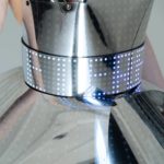 One Shoulder Pixel Dress with mirrored plastic coverage/ fashion festival costume clothing with logo led belt