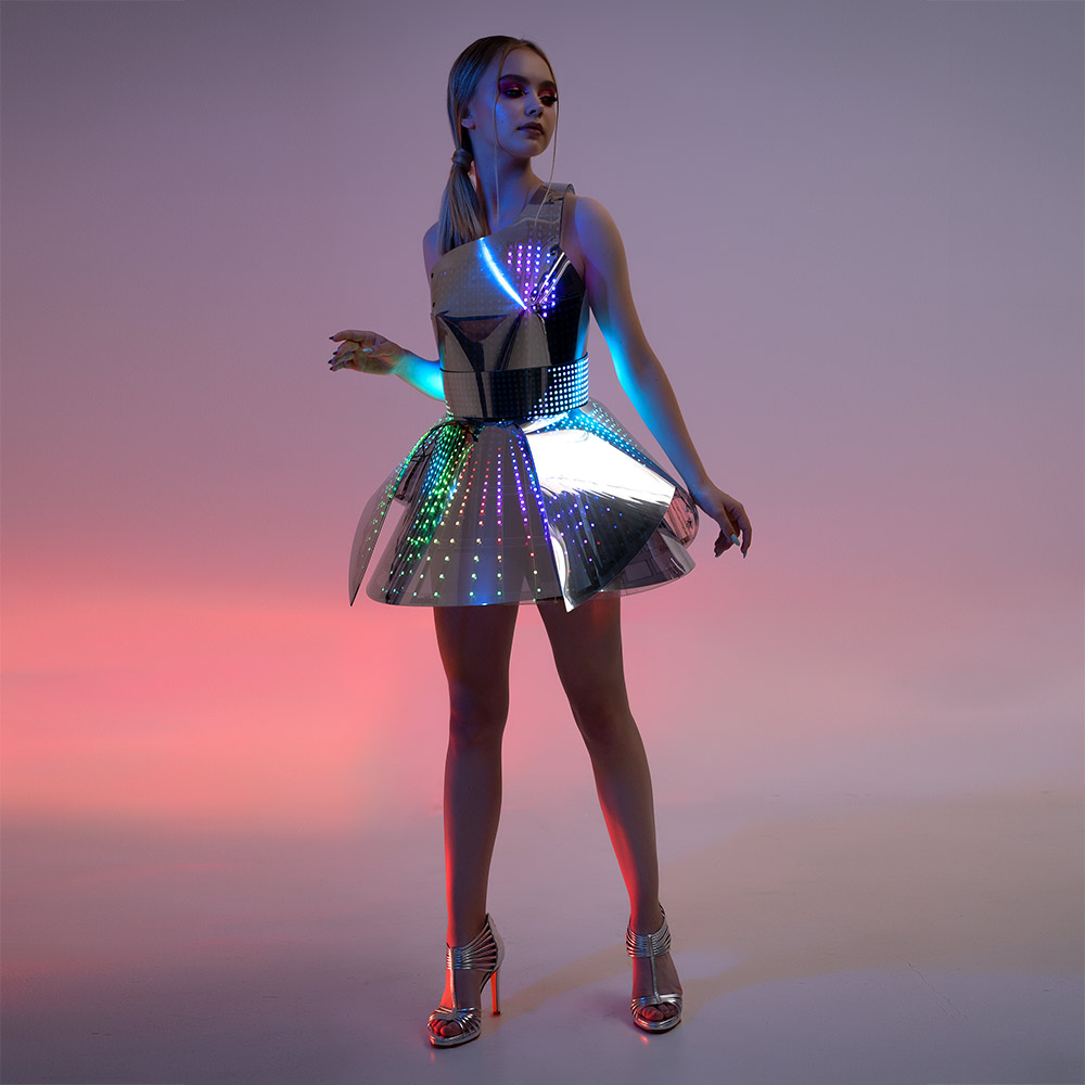 One Shoulder Pixel Dress with Mirrored Plastic coverage/ Fashion Festival Costume Clothing with Logo LED Belt _H56