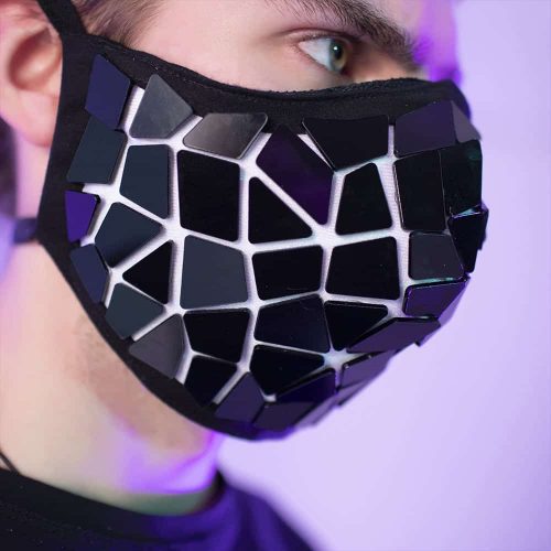 Face Mask with Black Mirror Tiles and LEDs closeup