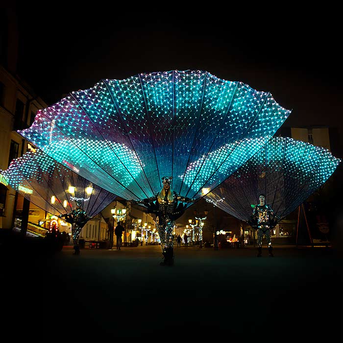 Carnival costume in the form of huge peacock wings