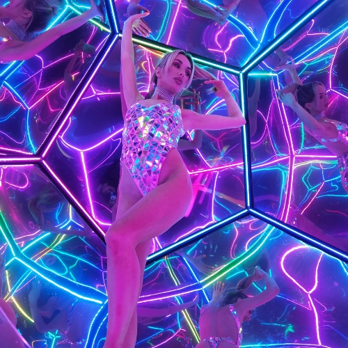 LED installation infinity dodecahedron in human growth for dancing and photos