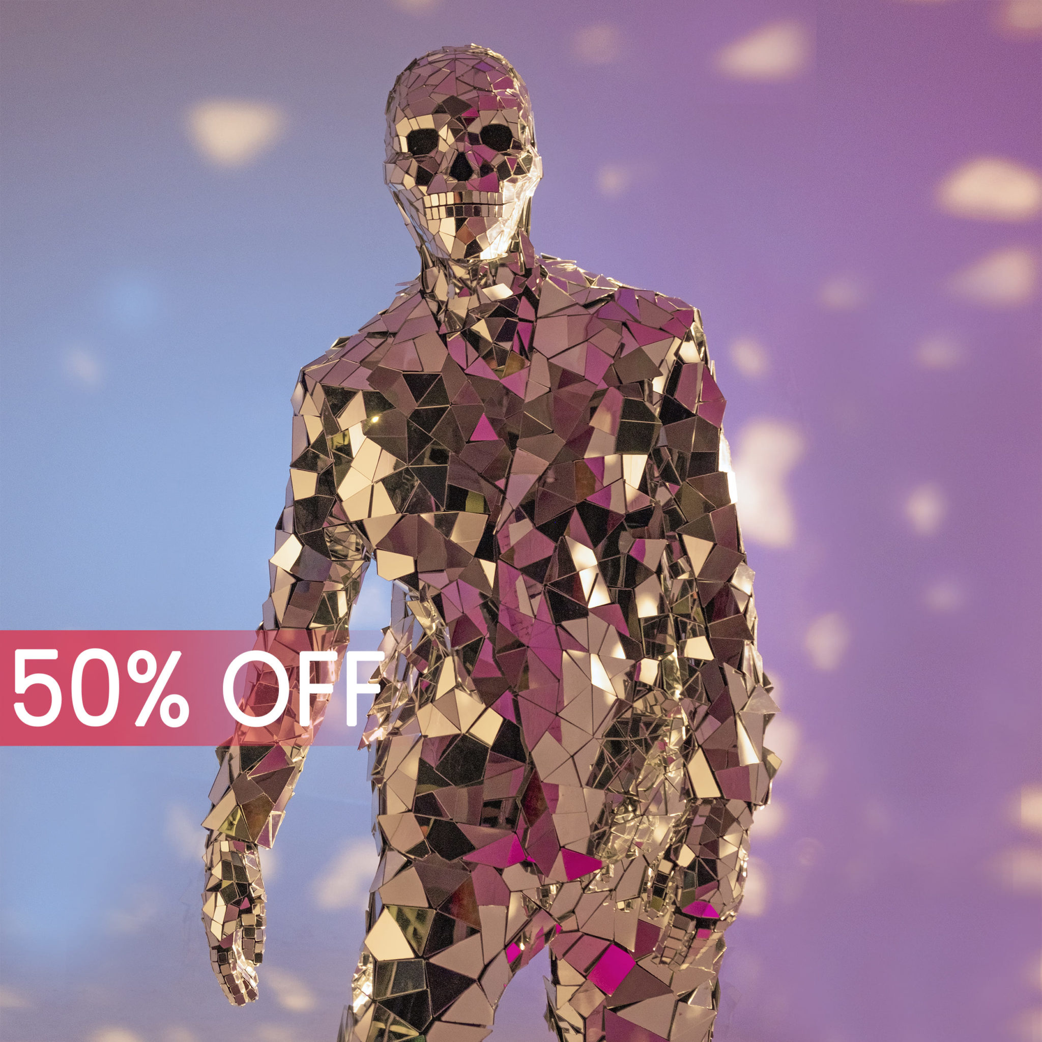 Mirror suit with a skull mask Human statue for live show