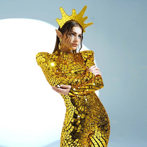 Gold Mirror Catsuit Lady Gaga Style with a Crown _M73-1 Gold Mirror Catsuit Lady Gaga Style with a Crown _M73-1