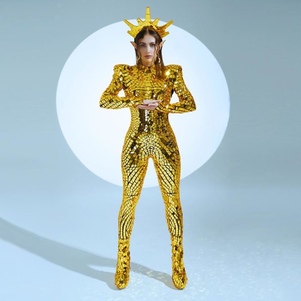 Gold Mirror Catsuit Lady Gaga Style with Crown _M73-1 - by ETERESHOP