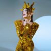 Gold Mirror Catsuit Lady Gaga Style with a Crown — photo 9