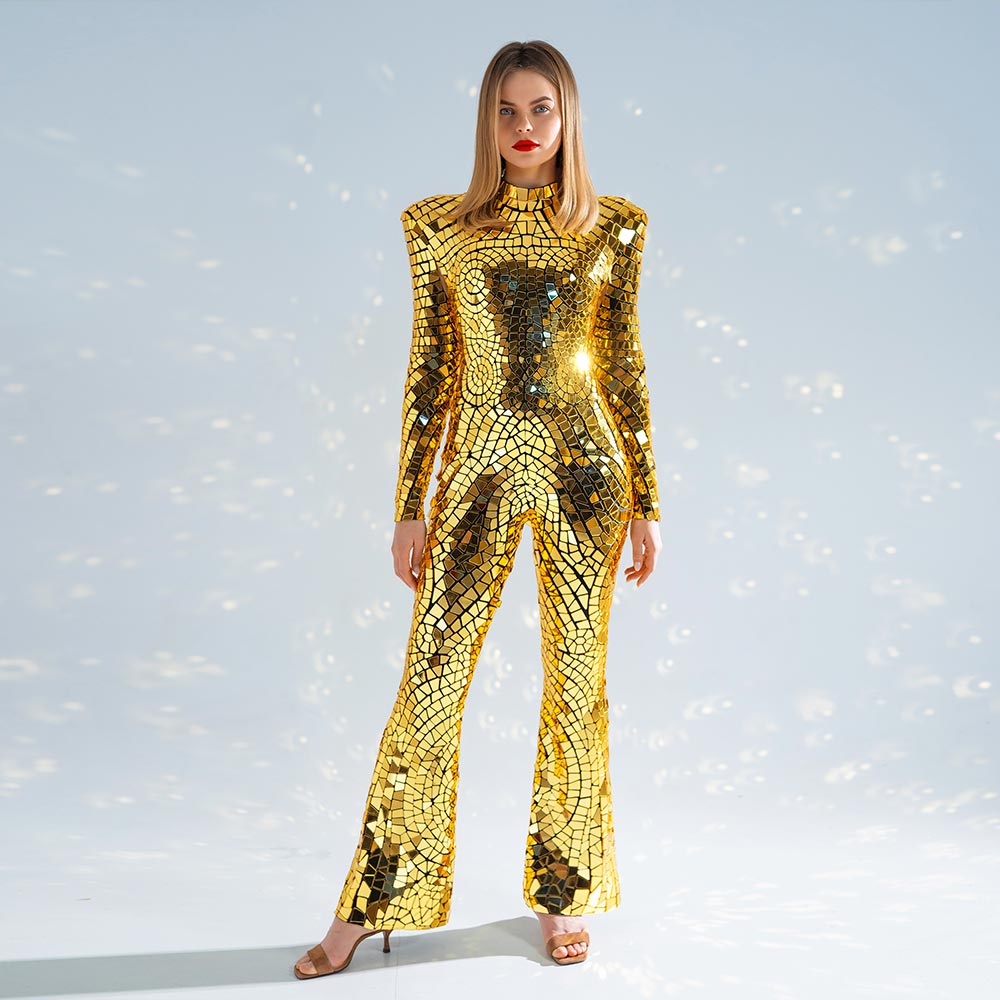 Gold mirror Lady Gaga Style costume with flared pants - by Etereshop