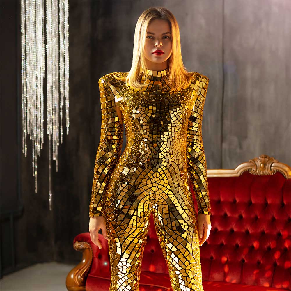 Gold mirror Lady Gaga Style costume with flared pants - by Etereshop