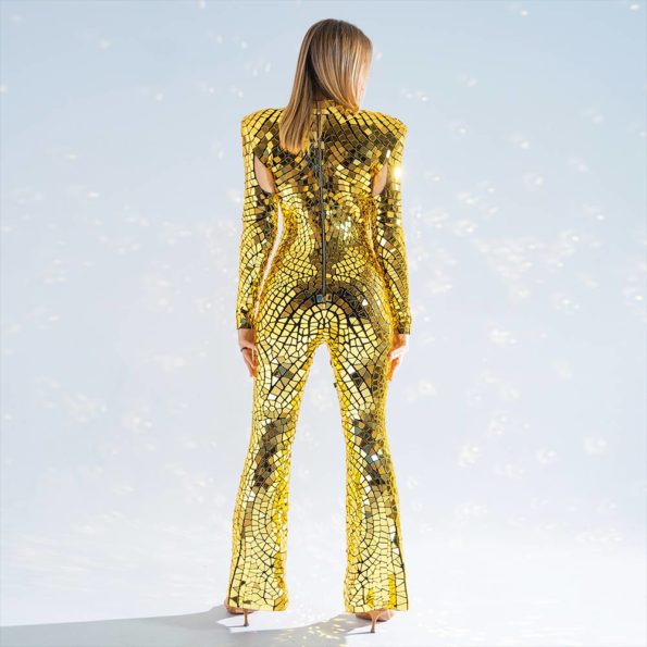 Gold mirror Lady Gaga Style costume with flared pants - by Etereshop