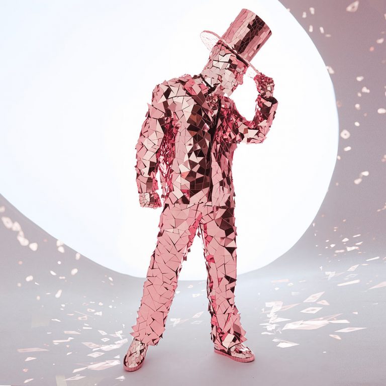 Pink Mirror Man costume with mirror hat for performances
