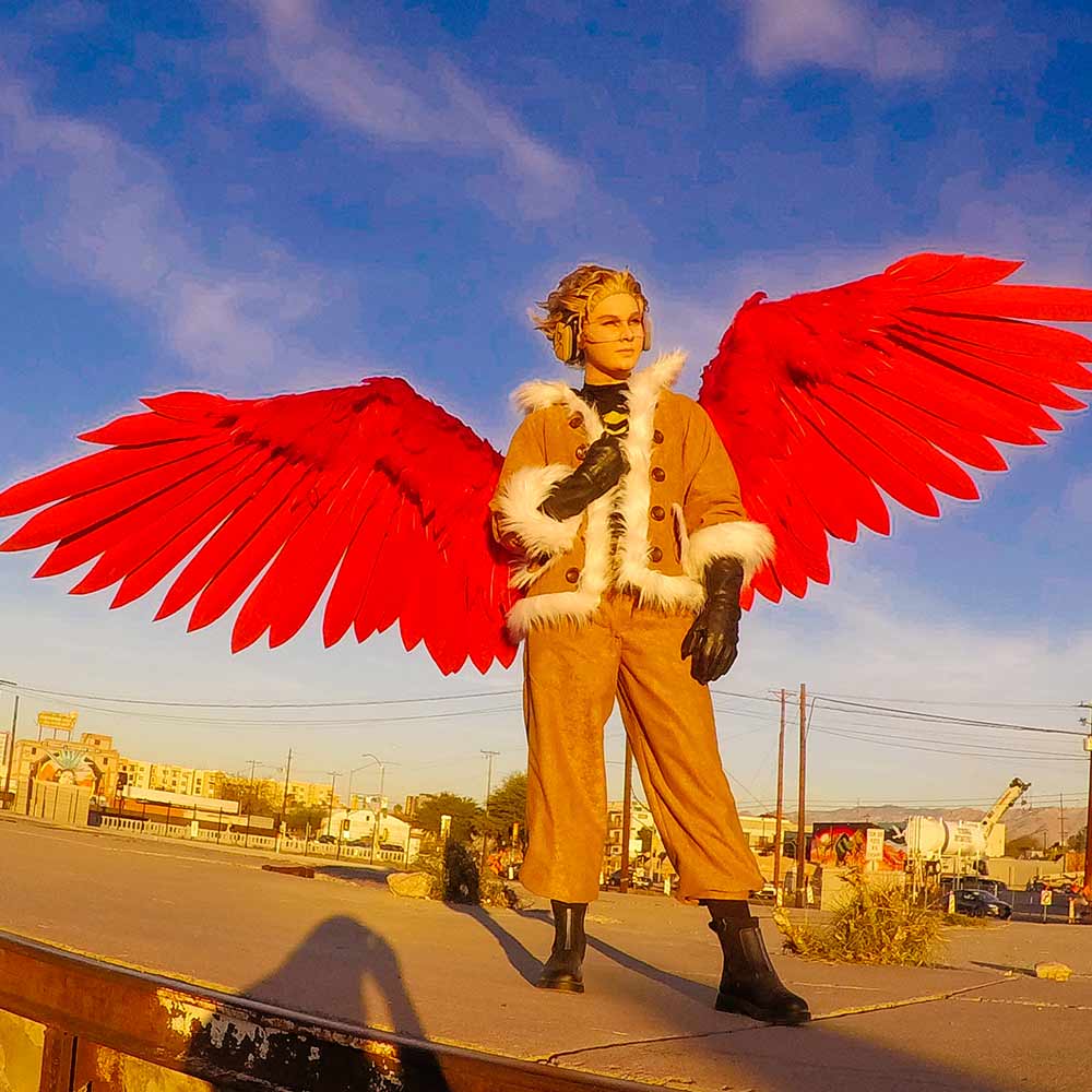 Cosplay costume idea with large red mechanical wings