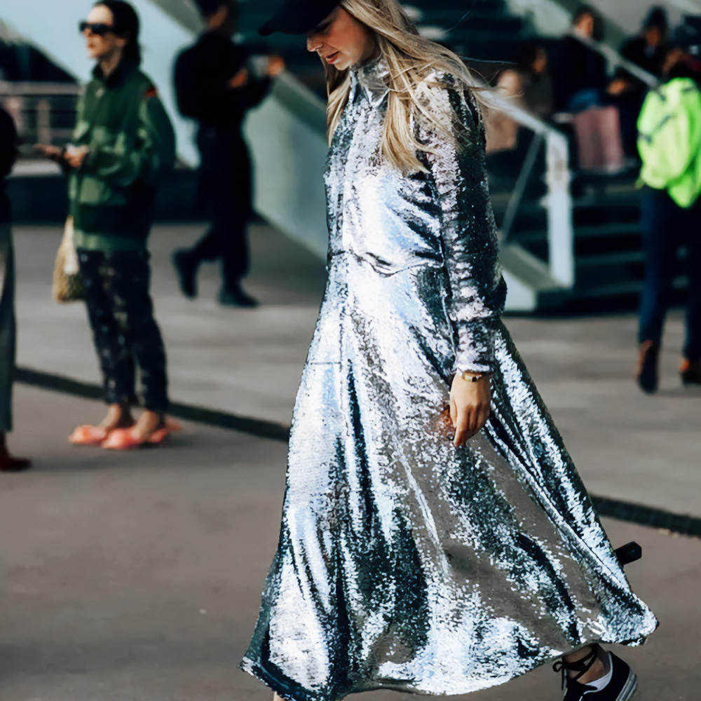 A bright silver dress