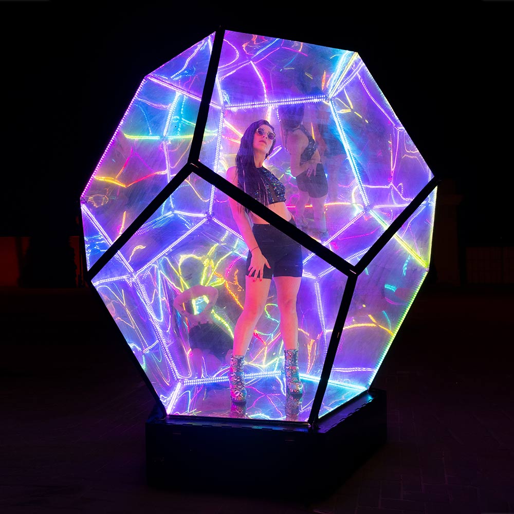 Christmas installation is a huge human-sized infinity mirror dodecahedron