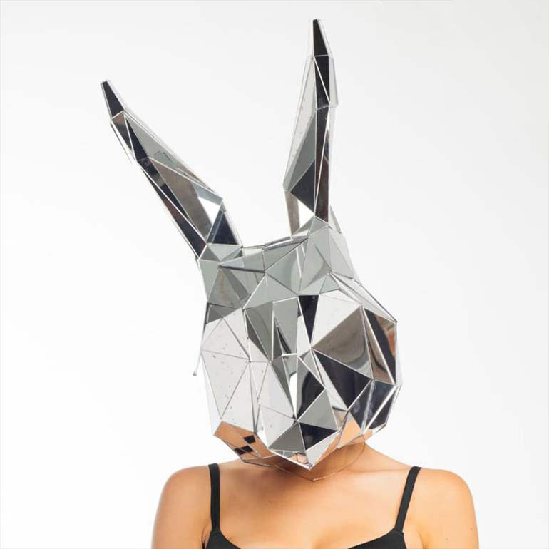 Mirror 3D mask in the form of a playful bunny.