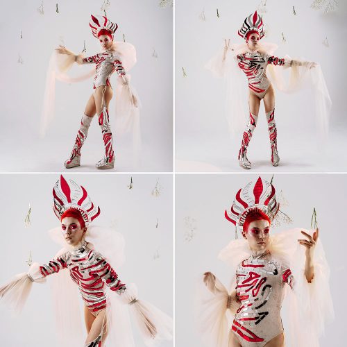 Red and white mirror outfit with bodysuit and crown