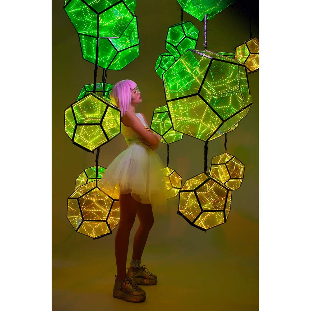 bright decoration for the holidays - a cloud of LED infinity mirror dodecahedrons