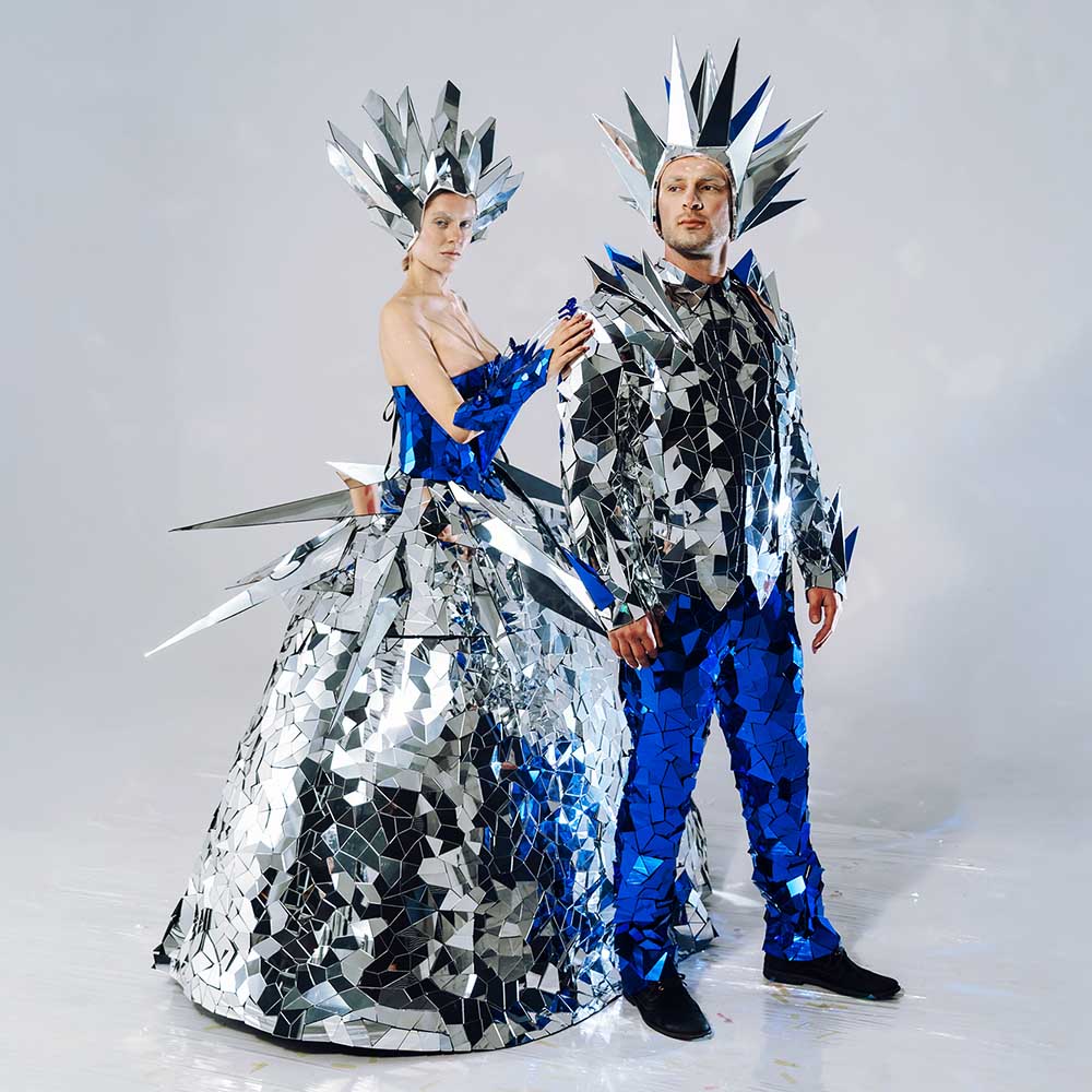 Masquerade silver-blue mirror dress of the queen with a crown for artists  _O667 - by ETERESHOP