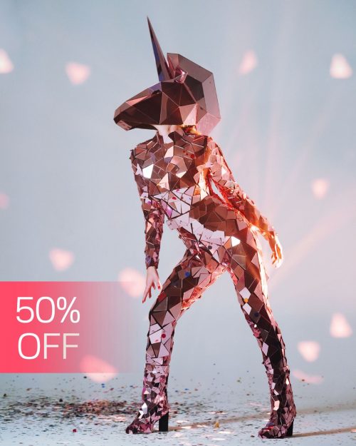 pink-mirror-unicorn-costume-with-disco-ball-effect