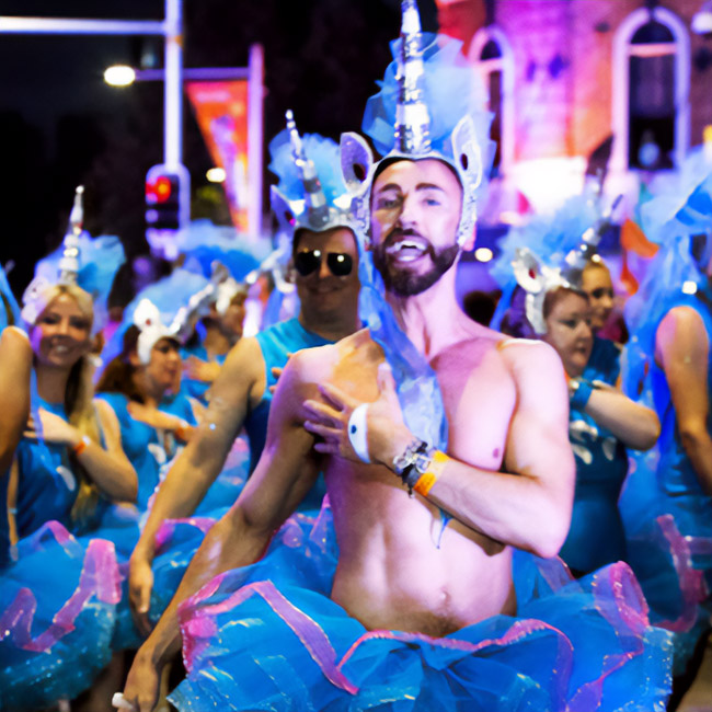 A bright carnival procession of men and girls dressed in a tight blue top and a blue taffeta tutu skirt.