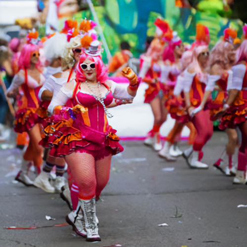 Another carnival procession of clowns in pink dresses with small hats on their heads