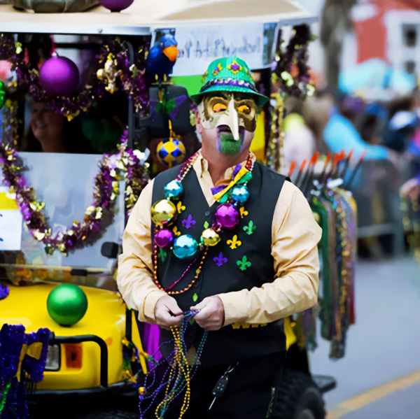 Bright accessories for this men's Mardi Gras outfit is a golden beak-shaped mask