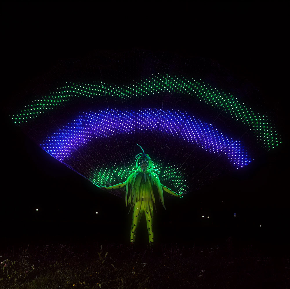 LED light up peacock fan tail counts three meters in height, and it is visible from afar.