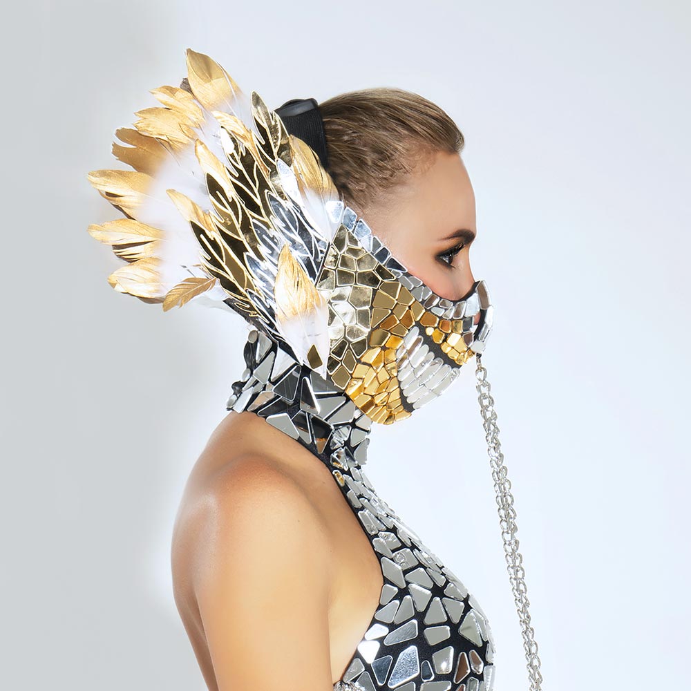 Silver and gold mirrored acrylic mardi gras mask with chain and feathers