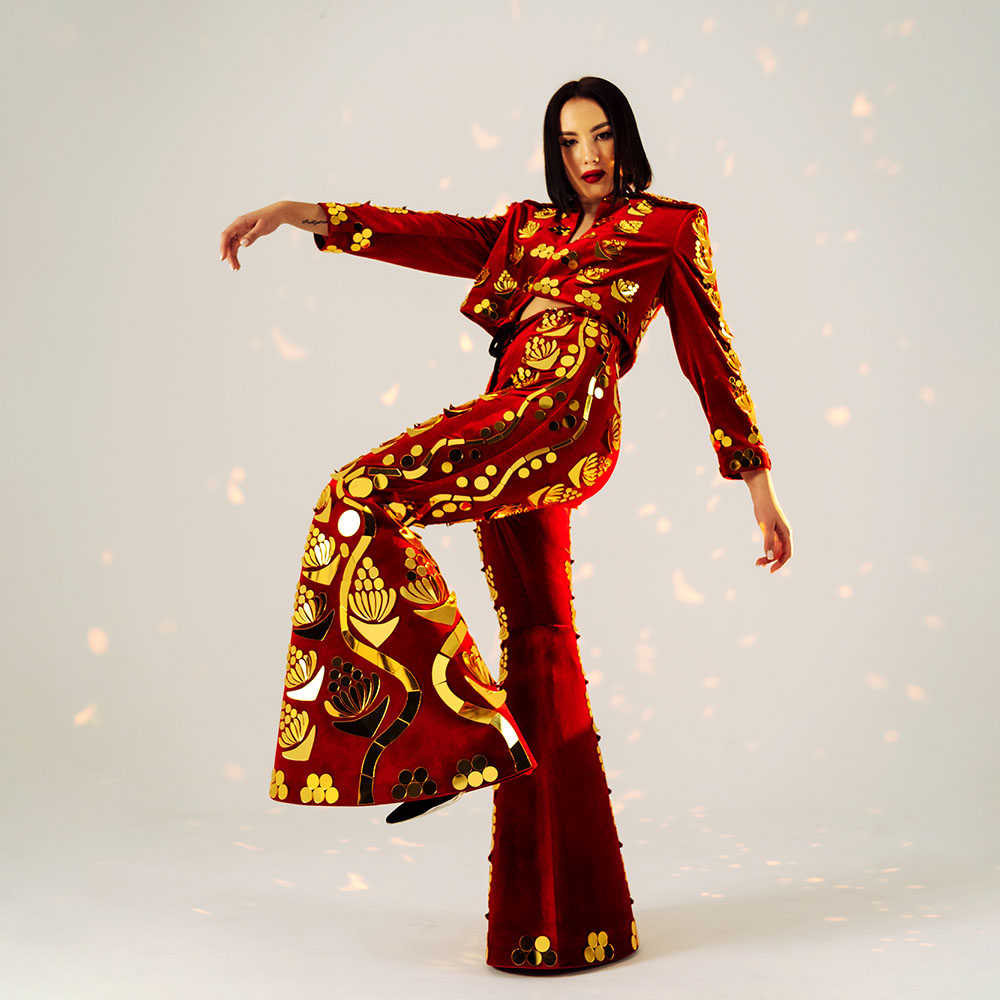 women’s red matador golden mirror outfit for Mardi Gras Festival