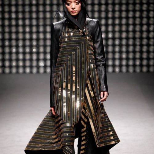 Another catwalk look is a combination of the geometry of golden and black stripes.