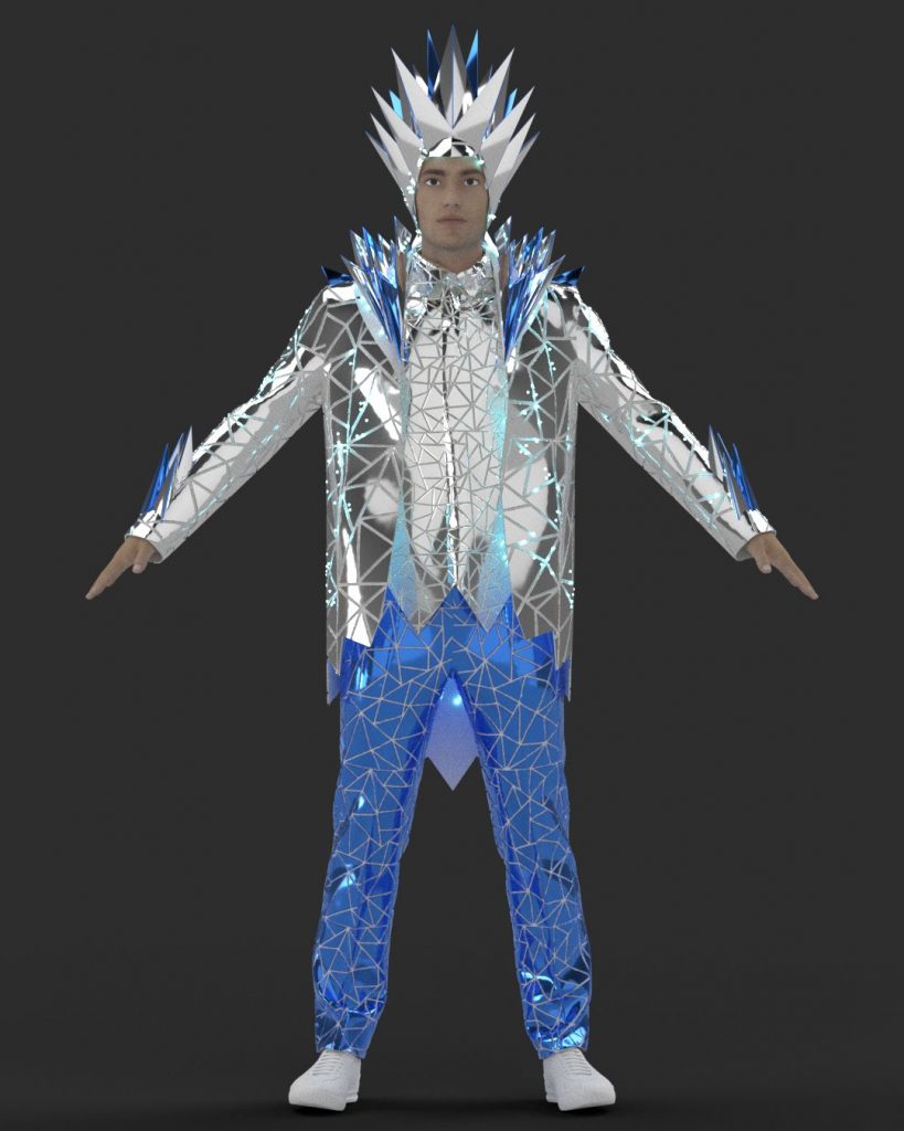 The Snow King’s costume with blue and silver mirror décor, ETEREshop’s design