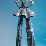 Mirror dress of stilt walkers disco ball front view