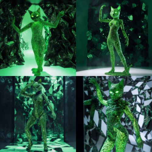 the idea for a photo shoot of a mirror green cat from artificial intelligence