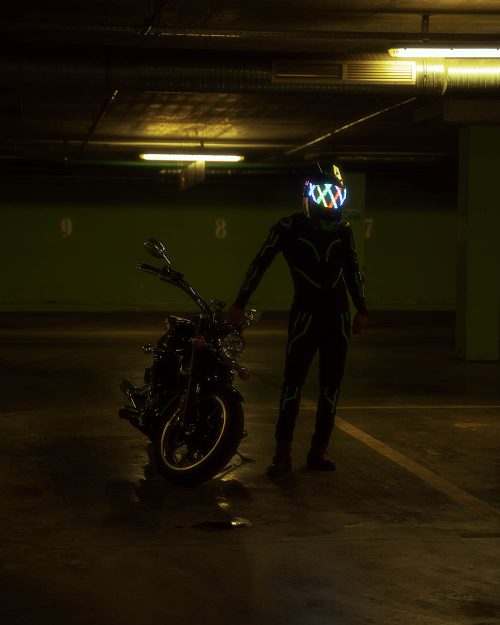 unusual motorcycle helmet with LEDs for DJs party festivals dancers festivals